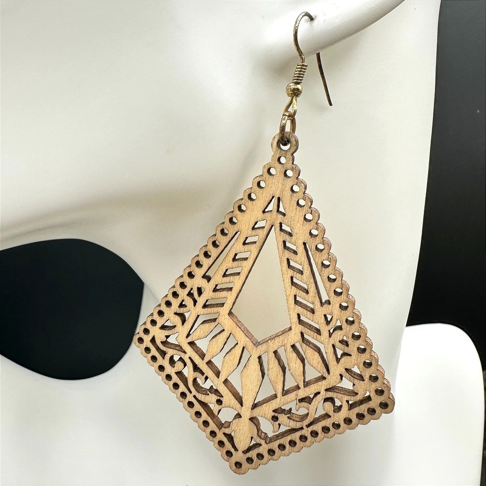 Beige Bohemian Classic Mandala Rhombus Laser-Cut Wood Dangle Hook Earrings Boho